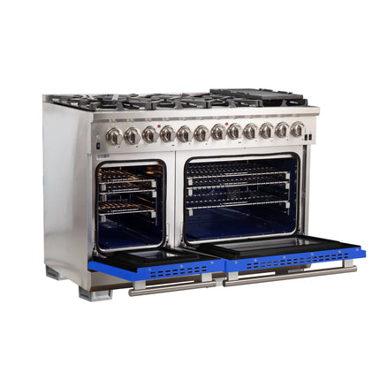 Forno Capriasca 48-Inch Freestanding Dual Fuel Range, 8 Burners, True Convection Oven, Blue Doors FORNO