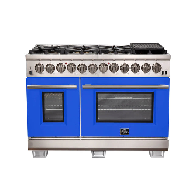 Forno Capriasca 48-Inch Freestanding Dual Fuel Range, 8 Burners, True Convection Oven, Blue Doors FORNO