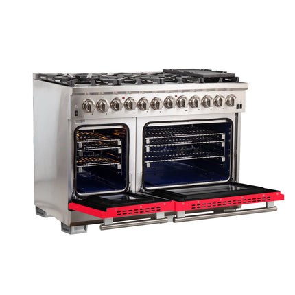Forno Capriasca 48-Inch Freestanding Dual Fuel Range, 8 Burners, True Convection Oven, Red Doors FORNO