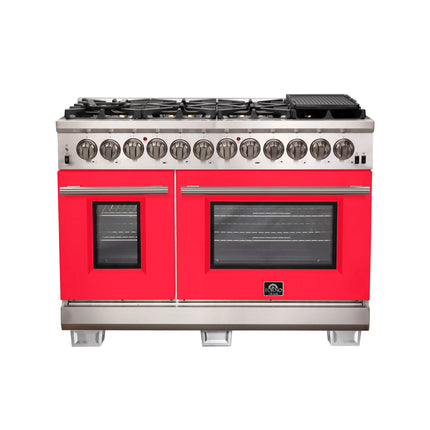 Forno Capriasca 48-Inch Freestanding Dual Fuel Range, 8 Burners, True Convection Oven, Red Doors FORNO