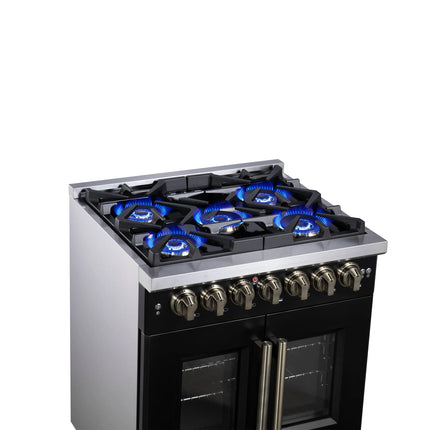 Forno Capriasca 30-Inch Freestanding French Door Dual Fuel Range in Black with Antique Brass Accessories, 5 Burners, True Convection Oven FORNO