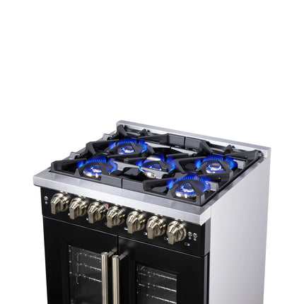 Forno Capriasca 30-Inch Freestanding French Door Dual Fuel Range in Black with Antique Brass Accessories, 5 Burners, True Convection Oven FORNO