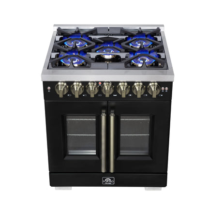 Forno Capriasca 30-Inch Freestanding French Door Dual Fuel Range in Black with Antique Brass Accessories, 5 Burners, True Convection Oven FORNO