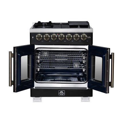 Forno Capriasca 30-Inch Freestanding French Door Dual Fuel Range in Black with Antique Brass Accessories, 5 Burners, True Convection Oven FORNO