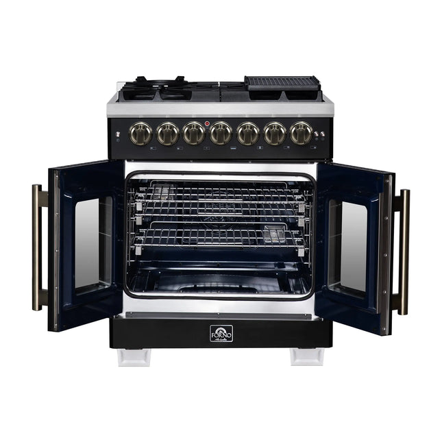 Forno Capriasca 30-Inch Freestanding French Door Dual Fuel Range in Black with Antique Brass Accessories, 5 Burners, True Convection Oven FORNO