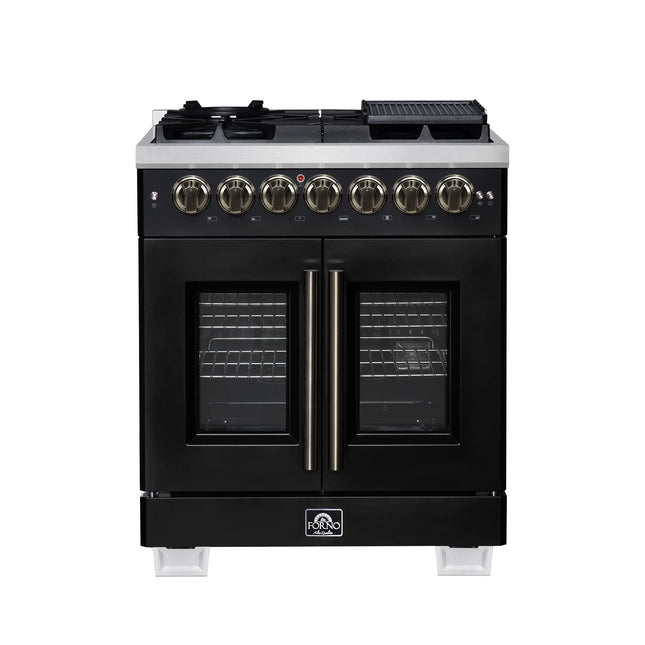 Forno Capriasca 30-Inch Freestanding French Door Dual Fuel Range in Black with Antique Brass Accessories, 5 Burners, True Convection Oven FORNO