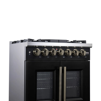 Forno Capriasca 30-Inch Freestanding French Door Dual Fuel Range in Black with Antique Brass Accessories, 5 Burners, True Convection Oven FORNO