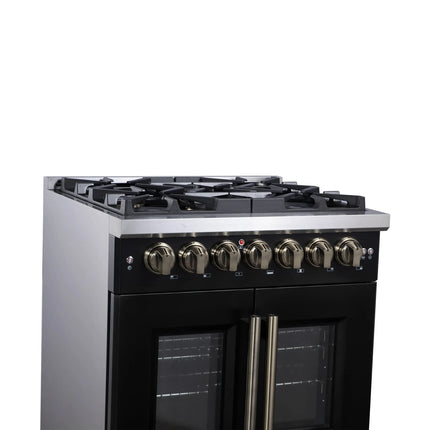 Forno Capriasca 30-Inch Freestanding French Door Dual Fuel Range in Black with Antique Brass Accessories, 5 Burners, True Convection Oven FORNO