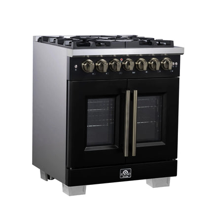 Forno Capriasca 30-Inch Freestanding French Door Dual Fuel Range in Black with Antique Brass Accessories, 5 Burners, True Convection Oven FORNO