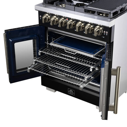 Forno Capriasca 30-Inch Freestanding French Door Dual Fuel Range in Black with Antique Brass Accessories, 5 Burners, True Convection Oven FORNO
