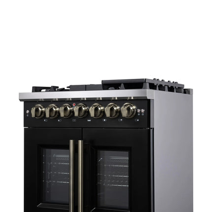Forno Capriasca 30-Inch Freestanding French Door Dual Fuel Range in Black with Antique Brass Accessories, 5 Burners, True Convection Oven FORNO