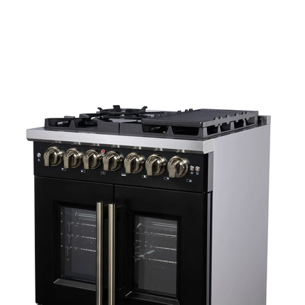 Forno Capriasca 30-Inch Freestanding French Door Dual Fuel Range in Black with Antique Brass Accessories, 5 Burners, True Convection Oven FORNO