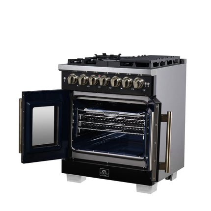 Forno Capriasca 30-Inch Freestanding French Door Dual Fuel Range in Black with Antique Brass Accessories, 5 Burners, True Convection Oven FORNO