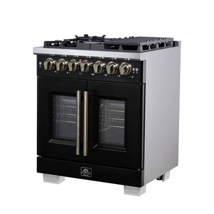 Forno Capriasca 30-Inch Freestanding French Door Dual Fuel Range in Black with Antique Brass Accessories, 5 Burners, True Convection Oven FORNO