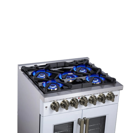 Forno Capriasca 30 Inch Freestanding French Door Dual Fuel Range in White with Antique Brass Accessories, 5 Burners, True Convection Oven FORNO