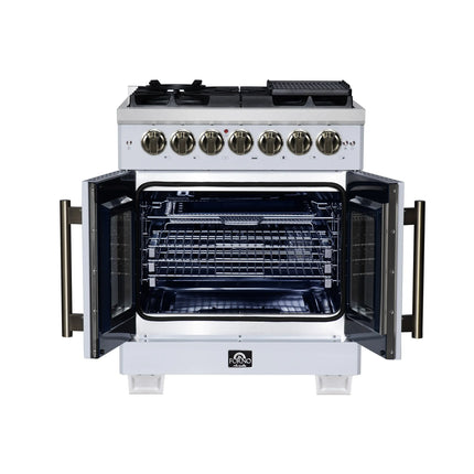 Forno Capriasca 30 Inch Freestanding French Door Dual Fuel Range in White with Antique Brass Accessories, 5 Burners, True Convection Oven FORNO