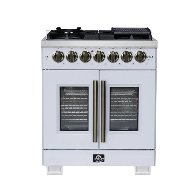 Forno Capriasca 30 Inch Freestanding French Door Dual Fuel Range in White with Antique Brass Accessories, 5 Burners, True Convection Oven FORNO