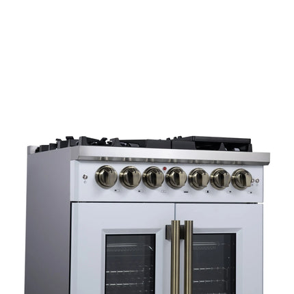 Forno Capriasca 30 Inch Freestanding French Door Dual Fuel Range in White with Antique Brass Accessories, 5 Burners, True Convection Oven FORNO