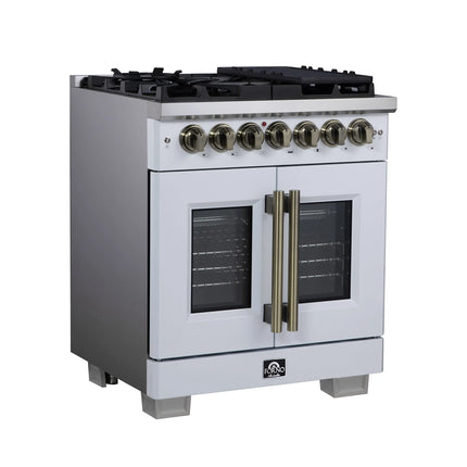 Forno Capriasca 30 Inch Freestanding French Door Dual Fuel Range in White with Antique Brass Accessories, 5 Burners, True Convection Oven FORNO