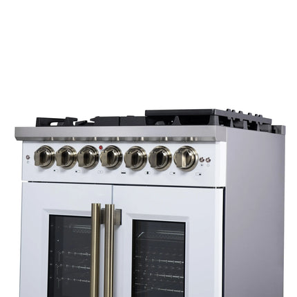Forno Capriasca 30 Inch Freestanding French Door Dual Fuel Range in White with Antique Brass Accessories, 5 Burners, True Convection Oven FORNO
