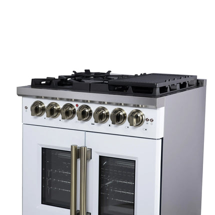Forno Capriasca 30 Inch Freestanding French Door Dual Fuel Range in White with Antique Brass Accessories, 5 Burners, True Convection Oven FORNO