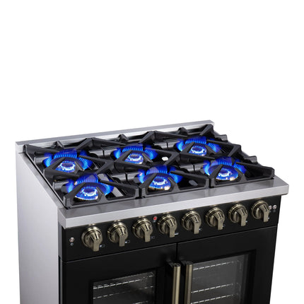 Forno Capriasca 36 Inch Freestanding French Door Dual Fuel Range in Black with Antique Brass Accessories, 6 Burners, True Convection Oven FORNO