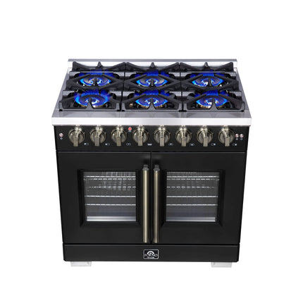 Forno Capriasca 36 Inch Freestanding French Door Dual Fuel Range in Black with Antique Brass Accessories, 6 Burners, True Convection Oven FORNO