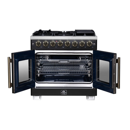 Forno Capriasca 36 Inch Freestanding French Door Dual Fuel Range in Black with Antique Brass Accessories, 6 Burners, True Convection Oven FORNO