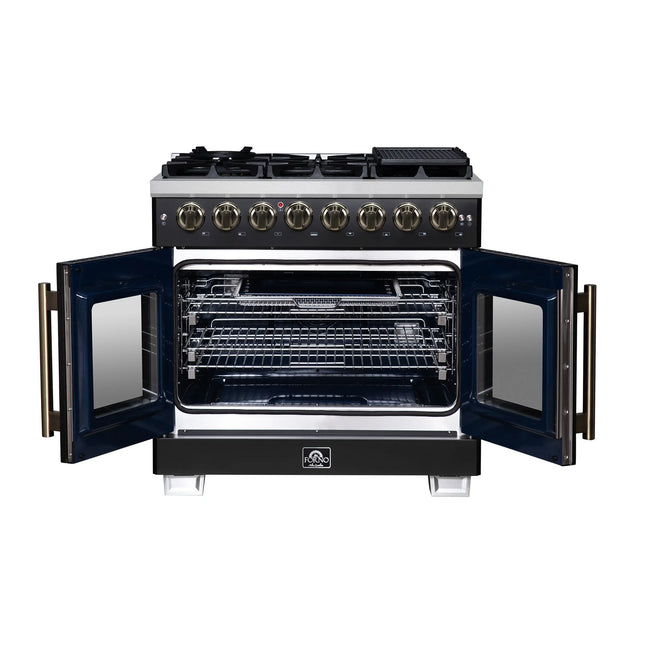 Forno Capriasca 36 Inch Freestanding French Door Dual Fuel Range in Black with Antique Brass Accessories, 6 Burners, True Convection Oven FORNO