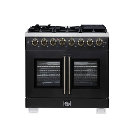 Forno Capriasca 36 Inch Freestanding French Door Dual Fuel Range in Black with Antique Brass Accessories, 6 Burners, True Convection Oven FORNO