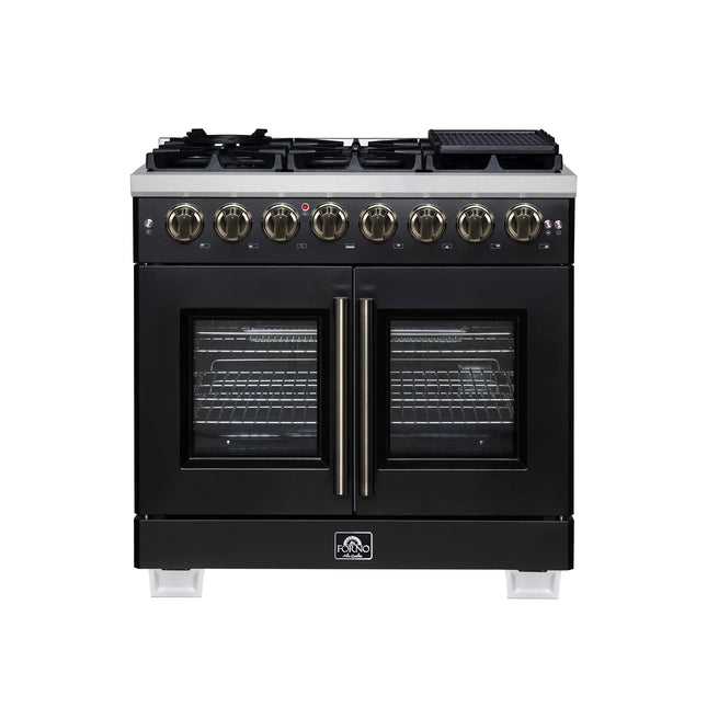 Forno Capriasca 36 Inch Freestanding French Door Dual Fuel Range in Black with Antique Brass Accessories, 6 Burners, True Convection Oven FORNO