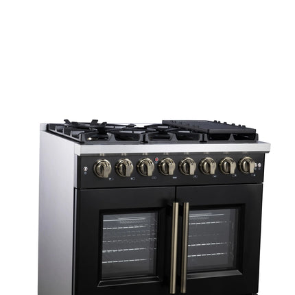 Forno Capriasca 36 Inch Freestanding French Door Dual Fuel Range in Black with Antique Brass Accessories, 6 Burners, True Convection Oven FORNO
