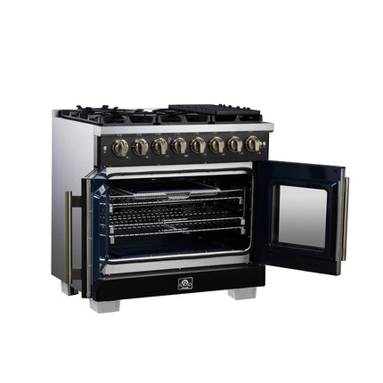 Forno Capriasca 36 Inch Freestanding French Door Dual Fuel Range in Black with Antique Brass Accessories, 6 Burners, True Convection Oven FORNO