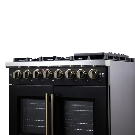 Forno Capriasca 36 Inch Freestanding French Door Dual Fuel Range in Black with Antique Brass Accessories, 6 Burners, True Convection Oven FORNO