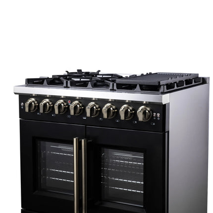 Forno Capriasca 36 Inch Freestanding French Door Dual Fuel Range in Black with Antique Brass Accessories, 6 Burners, True Convection Oven FORNO