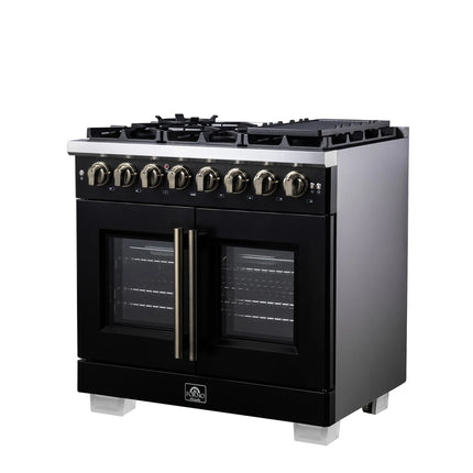 Forno Capriasca 36 Inch Freestanding French Door Dual Fuel Range in Black with Antique Brass Accessories, 6 Burners, True Convection Oven FORNO
