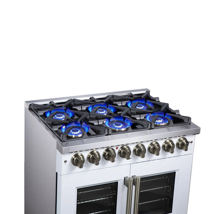 Forno Capriasca 36 Inch Freestanding French Door Dual Fuel Range in White with Antique Brass Accessories, 6 Burners, True Convection Oven FORNO