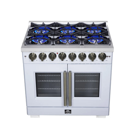 Forno Capriasca 36 Inch Freestanding French Door Dual Fuel Range in White with Antique Brass Accessories, 6 Burners, True Convection Oven FORNO