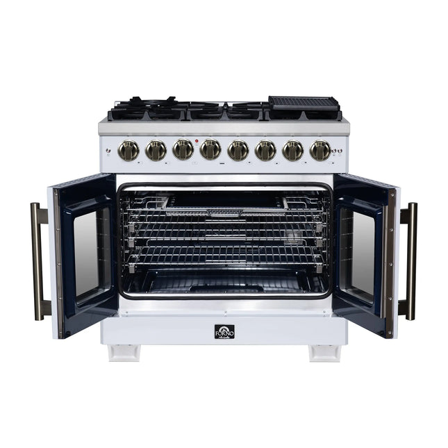 Forno Capriasca 36 Inch Freestanding French Door Dual Fuel Range in White with Antique Brass Accessories, 6 Burners, True Convection Oven FORNO