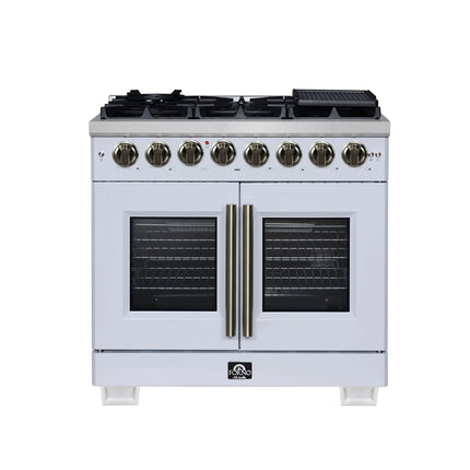 Forno Capriasca 36 Inch Freestanding French Door Dual Fuel Range in White with Antique Brass Accessories, 6 Burners, True Convection Oven FORNO