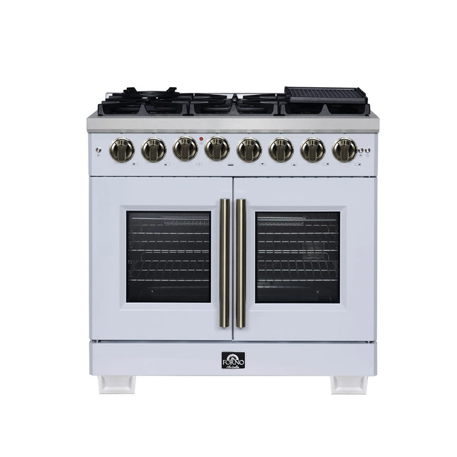 Forno Capriasca 36 Inch Freestanding French Door Dual Fuel Range in White with Antique Brass Accessories, 6 Burners, True Convection Oven FORNO