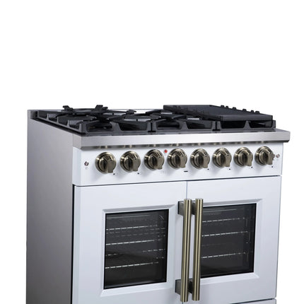 Forno Capriasca 36 Inch Freestanding French Door Dual Fuel Range in White with Antique Brass Accessories, 6 Burners, True Convection Oven FORNO