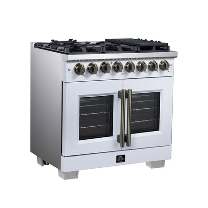 Forno Capriasca 36 Inch Freestanding French Door Dual Fuel Range in White with Antique Brass Accessories, 6 Burners, True Convection Oven FORNO