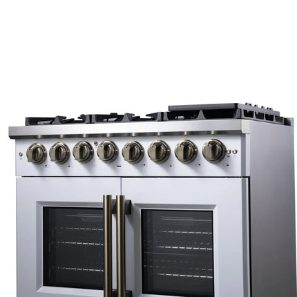 Forno Capriasca 36 Inch Freestanding French Door Dual Fuel Range in White with Antique Brass Accessories, 6 Burners, True Convection Oven FORNO