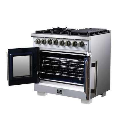 Forno Capriasca 36 Inch Freestanding French Door Dual Fuel Range in White with Antique Brass Accessories, 6 Burners, True Convection Oven FORNO