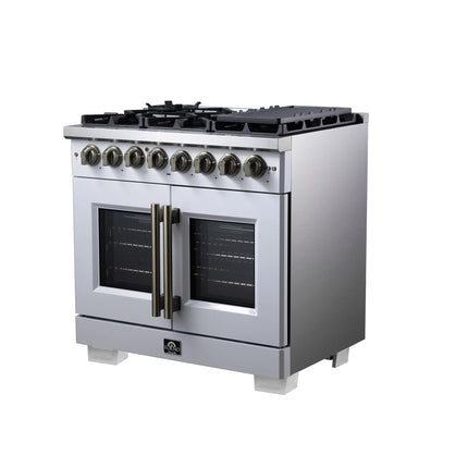 Forno Capriasca 36 Inch Freestanding French Door Dual Fuel Range in White with Antique Brass Accessories, 6 Burners, True Convection Oven FORNO