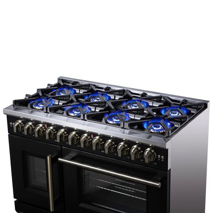 Forno Capriasca 48 Inch Freestanding French Door Dual Fuel Range in Black with Antique Brass Accessories, 8 Burners, True Convection Oven FORNO