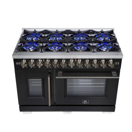 Forno Capriasca 48 Inch Freestanding French Door Dual Fuel Range in Black with Antique Brass Accessories, 8 Burners, True Convection Oven FORNO