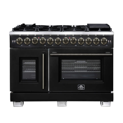 Forno Capriasca 48 Inch Freestanding French Door Dual Fuel Range in Black with Antique Brass Accessories, 8 Burners, True Convection Oven FORNO
