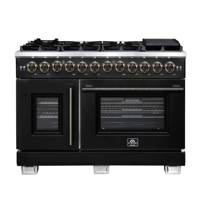 Forno Capriasca 48 Inch Freestanding French Door Dual Fuel Range in Black with Antique Brass Accessories, 8 Burners, True Convection Oven FORNO